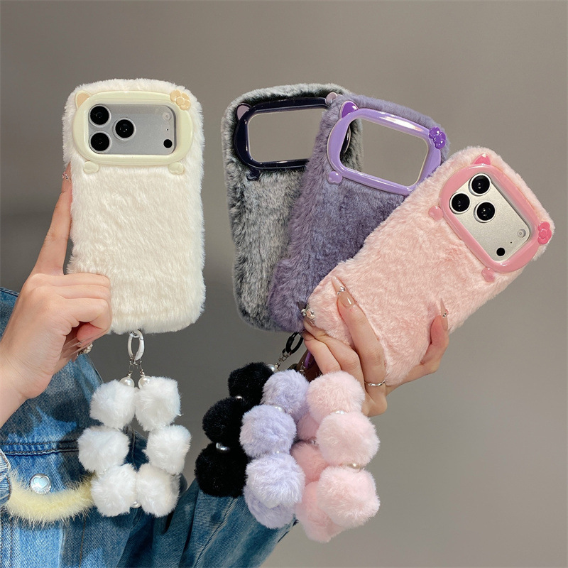 Phone Cases Iphone 13 - Lüks Düz Renkli Kürklü Peluş Telefon