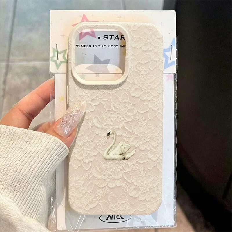 Phone Cases Iphone 13 - Dantel Kuğu Desenli Lychee Dokulu Telefon